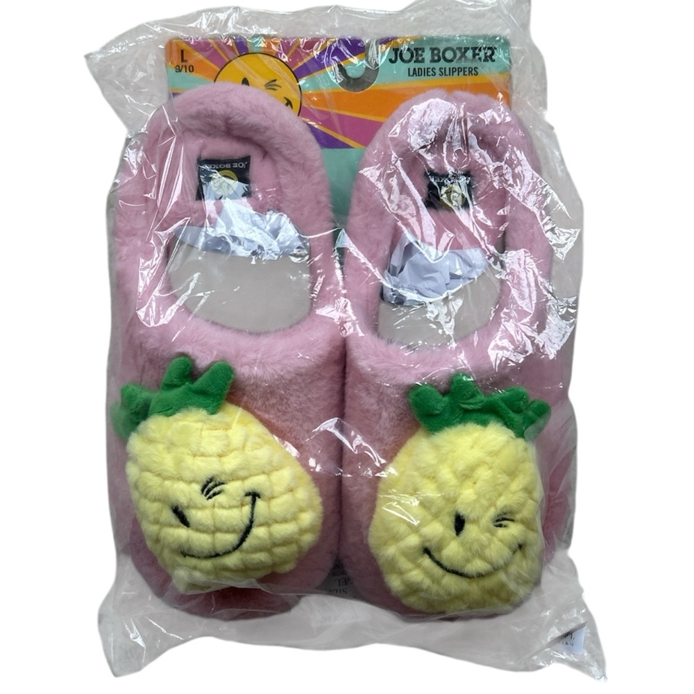 Joe Boxer Happy Pineapple Faux Fur Slippers Size Large (9-10) NWT